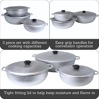 IMUSA Caldero Stock Pot with Lid 3pc Set, 1.5/3.5/7 QT, Cast Aluminum, Perfect for Serving Large & Small Groups, Riveted Handles, Made in Colombia, Silver
