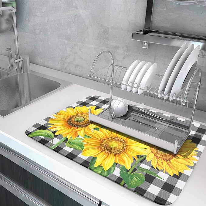Sunflower Dish Drying Mat for Kitchen Counter Black White Buffalo Plaid Microfiber Absorbent Dish Draining Reusable Washable Foldable Extra Large 18"x24" - Image 5