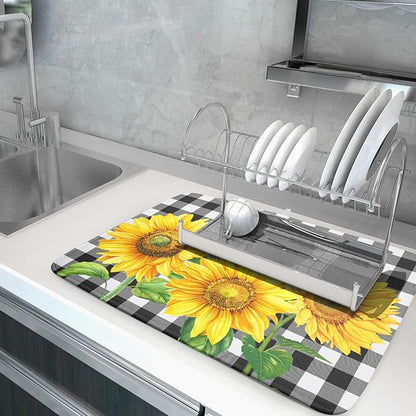 Sunflower Dish Drying Mat for Kitchen Counter Black White Buffalo Plaid Microfiber Absorbent Dish Draining Reusable Washable Foldable Extra Large 18"x24" - Image 5