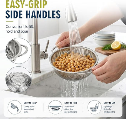 Palksky Small Colander Set of 2, 800 mL / 0.85 Qt Stainless Steel Mini Colanders with Riveted Handles, Footed Base & Micro-Perforations, Metal Kitchen Strainers for Berries, Fruits, Vegetables & Pasta