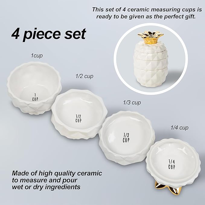 Set of 4 Decorative Pineapple Shaped Stackable Ceramic Kitchen Measuring Cups in 4 Assorted Sizes - Image 3
