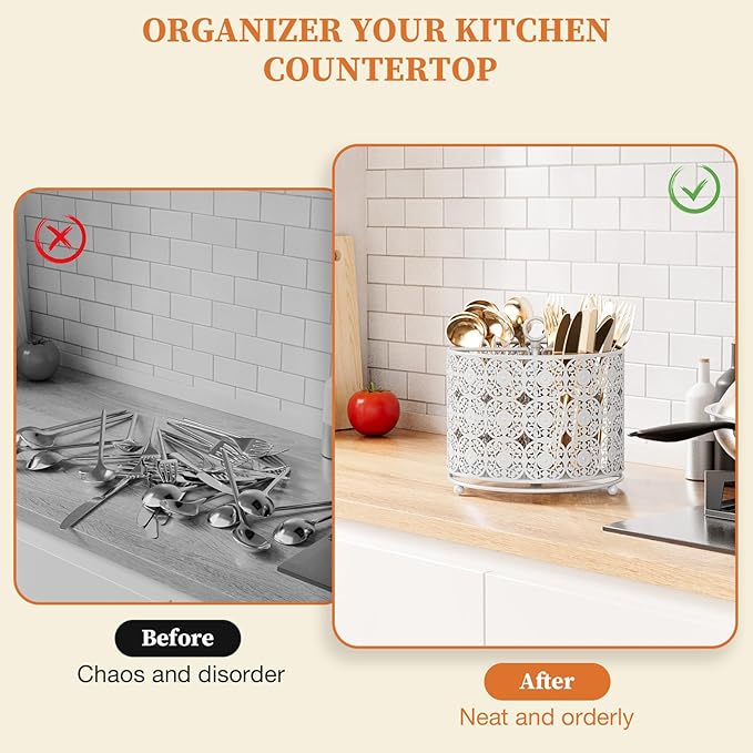 YIUKEA Rotating Utensil Caddy Holder - Higher Raised Cutlery Caddy Countertop - Metal Silverware Caddy Organizer with 4 Compartment for Kitchen Counter Party Office white - Image 6