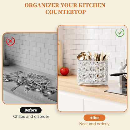 YIUKEA Rotating Utensil Caddy Holder - Higher Raised Cutlery Caddy Countertop - Metal Silverware Caddy Organizer with 4 Compartment for Kitchen Counter Party Office white - Image 6