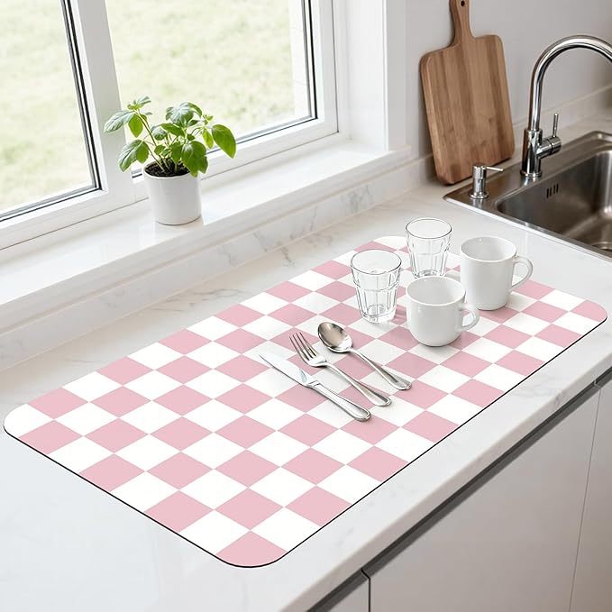 17" x 32" Checkered Dish Drying Mat for Kitchen Counter, Absorbent Coffee Bar Mat for Espresso Machine Coffee Countertops Accessories, Pink by Unknown