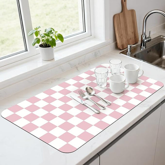 17" x 32" Checkered Dish Drying Mat for Kitchen Counter, Absorbent Coffee Bar Mat for Espresso Machine Coffee Countertops Accessories, Pink by Unknown