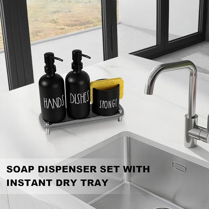 Kitchen Soap Dispenser Set, 16.9 fl oz Hand and Dish Soap Dispensers with Tray, Black Kitchen Soap Dispenser Set with Sponge Holder, Instant Dry Tray, Countertop Sink Organizer Accessories