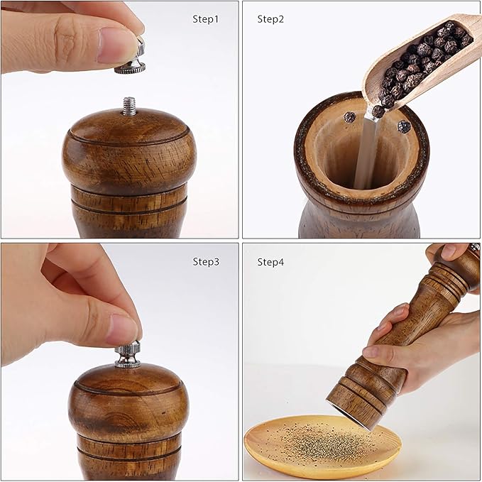 Pepper Grinder - 8 inch Pepper Mill Oak Wooden Pepper Mill Grinder Refillable Grinder Pepper with Ceramic Grinding Mechanism Adjustable Coarse to Fine (1 Pack)