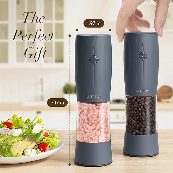 Ultrean Pepper Grinder, Electric Salt and Pepper Grinder Set with USB-C Rechargeable, Spice Mill, 6 Adjustable Coarseness, LED Light, Larger Capacity, Gift for Women Mom, Blue-Grey