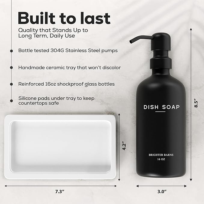 Luxury Glass Hand and Dish Soap Dispenser Set by Brighter Barns - Kitchen Soap Dispenser Set with Tray for Kitchen, Home or Restaurant - Modern Farmhouse Kitchen Decor (Black/White) - Image 3