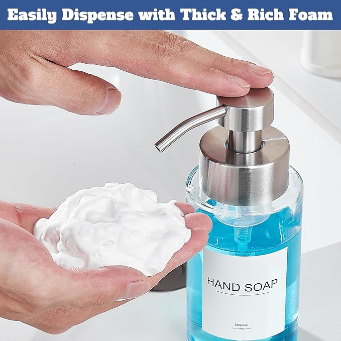Glass Foaming Hand Soap Dispenser, 10 oz Easy Refill Bathroom Soap Dispenser, Foaming Dispenser with Stainless Steel Pump & Waterproof Labels, Foam Soap Pump Bottles for Handwashing, 2 Sets - Image 4