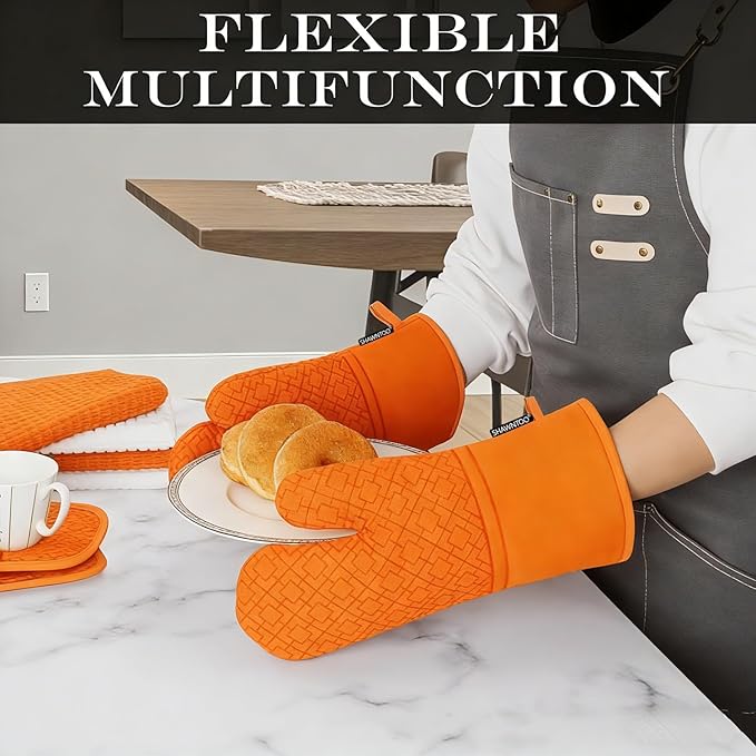 Oven Mitts and Pot Holders Sets 6pcs, Kitchen Oven Glove,High Heat Resistant 550 Degree Extra Long Oven Mitts and Potholders with Non-Slip Silicone Surface for Home Essentials (Grey) (Pumpkin Orange) - Image 5