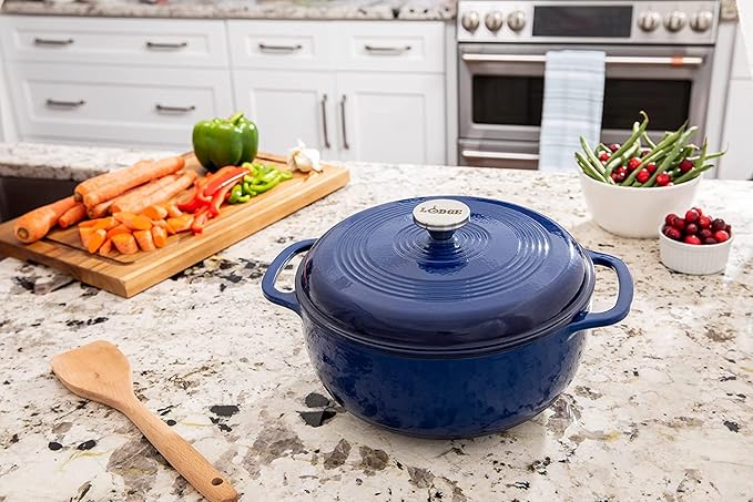 Lodge 3 Quart Enameled Cast Iron Dutch Oven with Lid – Dual Handles – Oven Safe up to 500° F or on Stovetop - Use to Marinate, Cook, Bake, Refrigerate and Serve – Indigo - Image 2