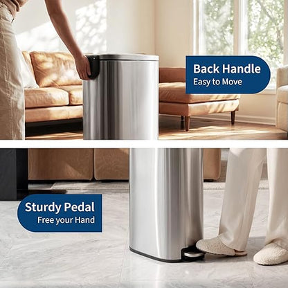 Garvee 13 Gallon Slim Kitchen Trash Can, Narrow Stainless Steel Step-On Pedal Garbage Can with Soft Close Lid, Removable Inner Bucket, Space-Saving Trash Bin for Kitchen, Bathroom, Office, Silver