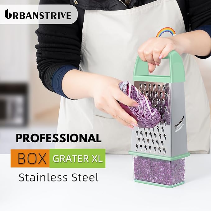 Urbanstrive Cheese Grater With Container, Professional Cheese Grater with Handle, Stainless Steel Graters for Kitchen Handheld, Box Grater with 4 Sides for Vegetables, Ginger, Potatoes (Mint Green) - Image 5