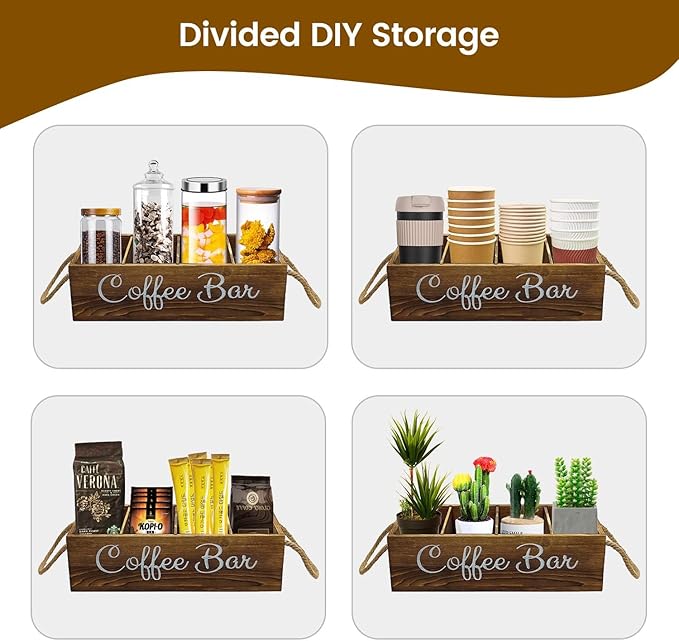 QUALLON Coffee Station Organizer with Small Removable Dividers, Wooden Coffee Bar Accessories Storage For Countertop, Farmhouse Kcup Coffee Pod Holder Basket With Handle For Coffee Lover - Image 6