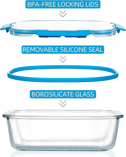 FAWLES 12 Pack Glass Meal Prep Containers with Airtight Lids, Leak-Proof Food Storage Containers, Dishwasher/Microwave/Oven/Freezer Safe Glass Containers for Lunch, Leftovers, to Go (Blue)