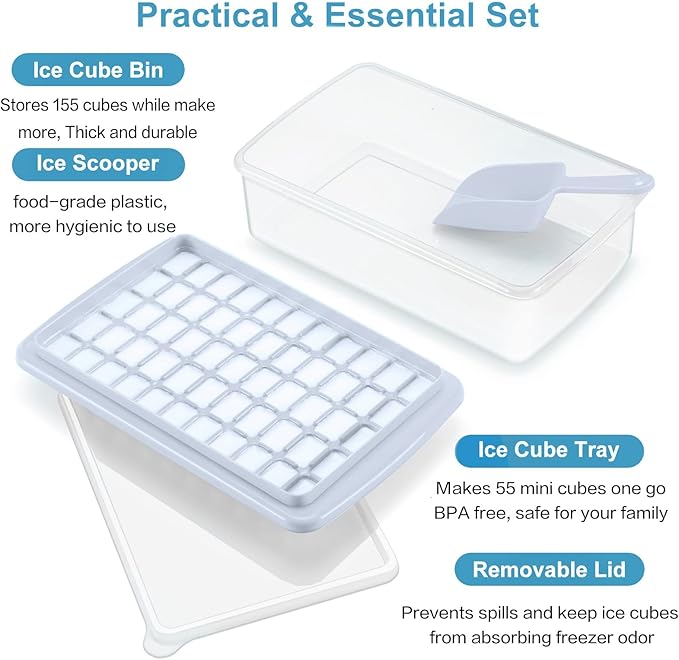 Ice Cube Maker Trays for Freezer with Lid and Storage Box, Easy Release 55 Mini Nugget Ice Cubes Tray with Cover, Ice Holder, Scooper, Flexible Durable Plastic Ice Mold & Bin, BPA Free 2 Pack - Image 4