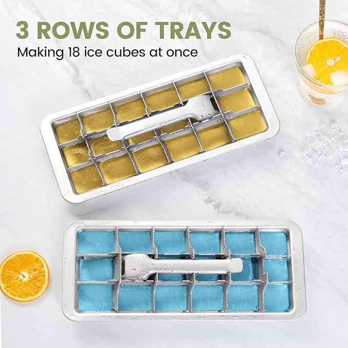 Stainless Steel Ice Cube Tray with Lever - 18 Large Ice Cube Mold, Non-Toxic & Dishwasher Safe for Kitchen and Bar Use