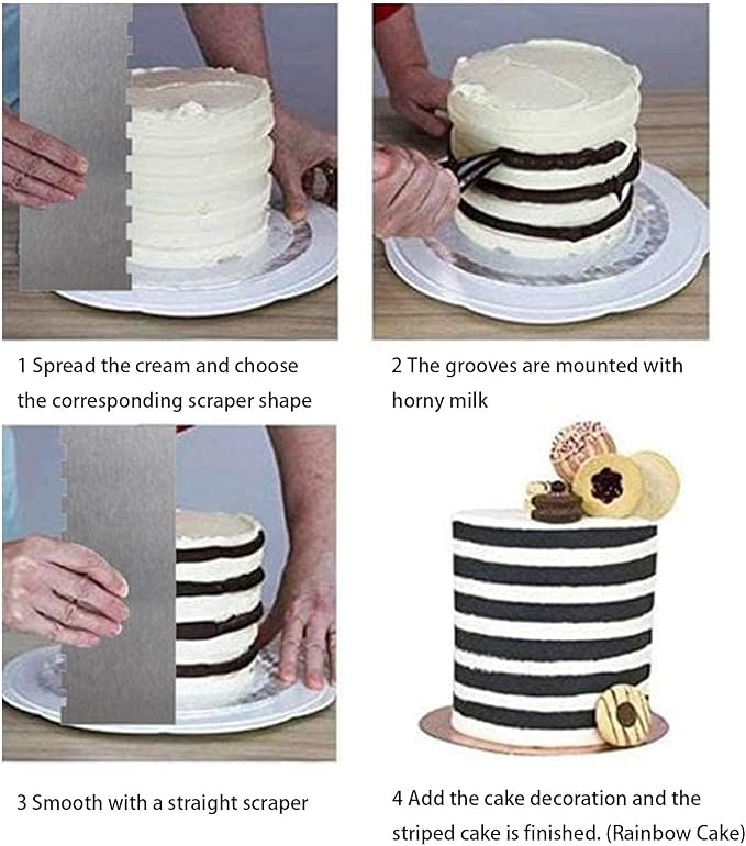 2 Pieces 8.7 Inche Stainless Steel Cake Scraper Double Sided Patterned Edge Stripe Edge Smoother Frosting Scraper Cake Decorating Cake Decorating Comb Cake Scraper For Butter Cream Mousse(2, 2) - Image 7