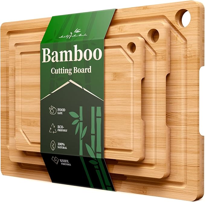 Kitsure Bamboo Cutting Board Set - Multi-Sizes Wooden Cutting Boards for Kitchen, Convenient Kitchen Essentials with Deep Juice Grooves, Cutting Board for Chopping & Serving, 3 Pack, Natural by Kitsure