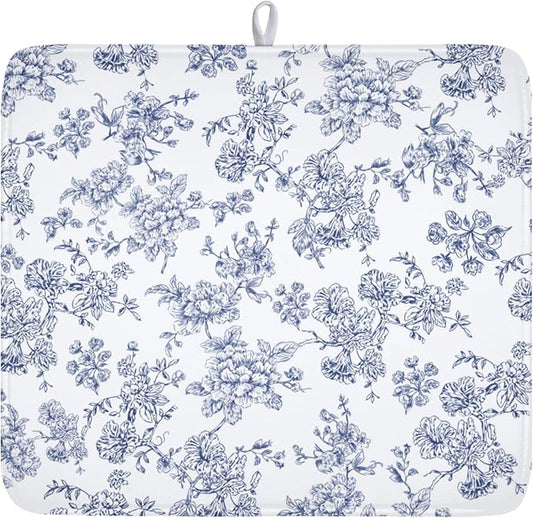 Blue Floral Dish Drying Mat for Kitchen Counter Chinoiserie Flower Microfiber Dish Drainer Mat Vintage Rustic Elegant Absorbent Washable Drying Pad Extra Large 16"x18"