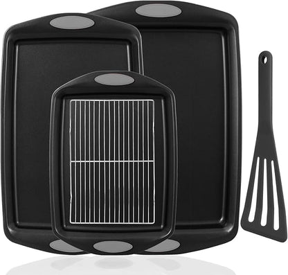 5-Piece Nonstick Baking Pans Set - Premium Carbon Steel Bakeware with PFOA/PFOS/PTFE-Free Coating, Red Silicone Handles (Gray) by Unknown
