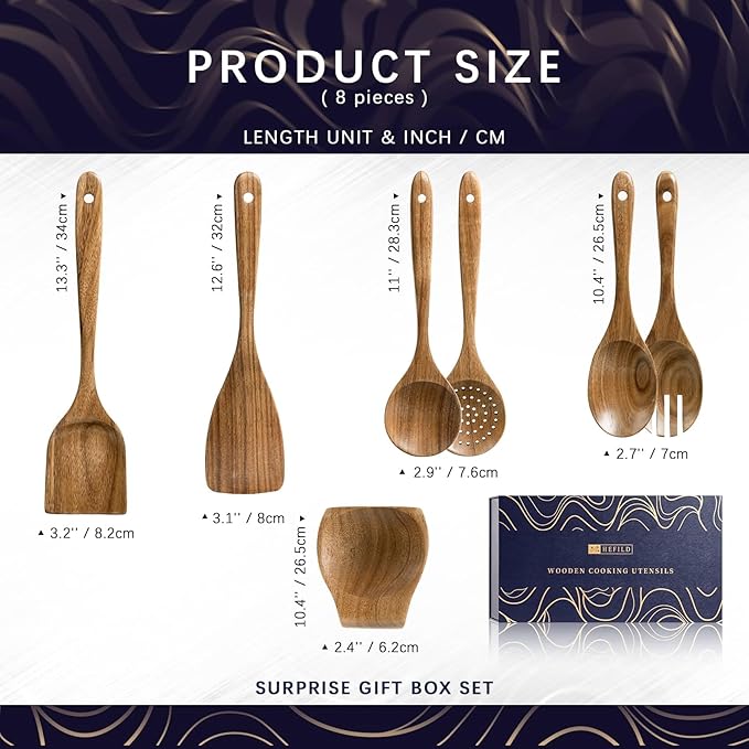 Wooden Spoons for Cooking, Nonstick Cooking Utensil Set with 6 Piece Acacia Wooden Spatulas and Spoons, as well as a Extra Whole Wood Spoon Rest, Terrific for Everyday Kitchen Tasks - Image 2