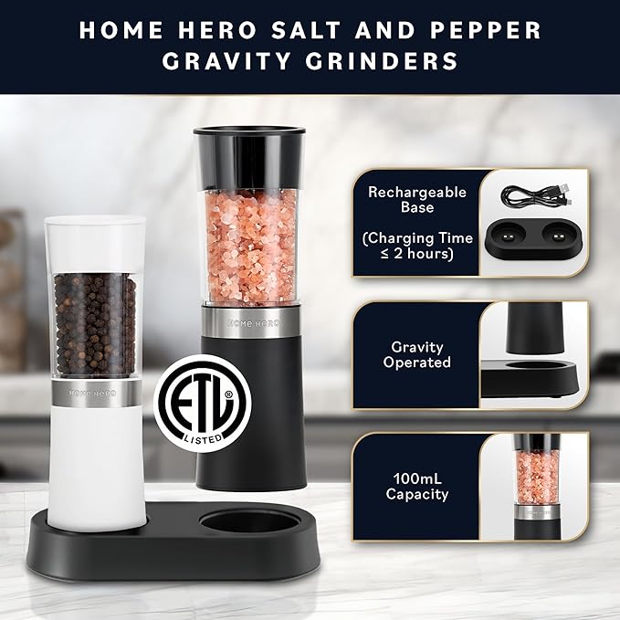 Home Hero Electric Salt and Pepper Grinder Set - Automatic Salt and Pepper Grinder Set Rechargeable. Electronic Salt and Pepper Shakers with LED Light, Gravity Electric Pepper & Salt Grinder, Set of 2 - Image 2