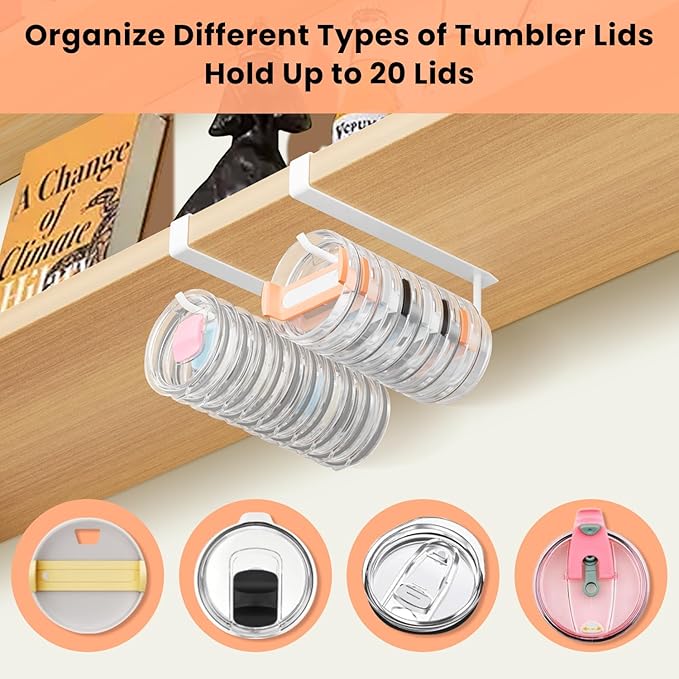 2 Pack Large Tumbler Lid Organizer, Under Cabinet Cup Lid Holder for Yeti Insulated Mug/Stanley Insulated Mug/Simple Modern Insulated Mug Lid, No Gluing, No Drilling, Up to 10 Lids (White) - Image 5