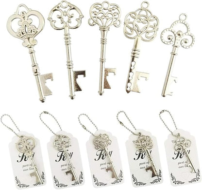 WODEGIFT 50pcs Vintage Skeleton Key Bottle Opener,Bridal Shower Favors,Wedding Favors Souvenir Gifts with Thank You Escort Tag and Key Chains (Silver,5 styles) by WODEGIFT