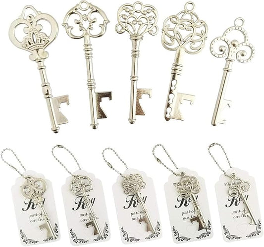 WODEGIFT 50pcs Vintage Skeleton Key Bottle Opener,Bridal Shower Favors,Wedding Favors Souvenir Gifts with Thank You Escort Tag and Key Chains (Silver,5 styles) by WODEGIFT