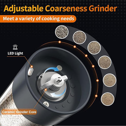 2Pack Electric Salt and Pepper Grinder Set USB Rechargeable with Warm LED Light, Adjustable Coarseness Lidaop Large Capacity Automatic Salt Pepper Mill Grinder for Kitchen, Restaurant, Outdoor (Grey) - Image 3