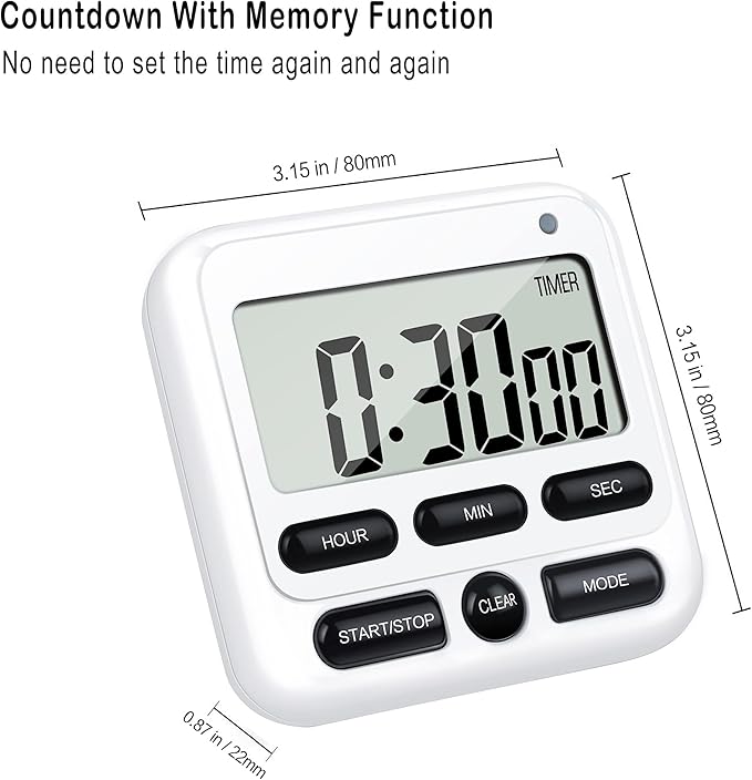 KTKUDY Digital Kitchen Timer with Mute/Loud Alarm Switch ON/Off Switch, 12-Hour Clock & Alarm, Memory Function Count Up & Count Down for Kids Teachers Cooking, Large LCD Display, Strong Magnet (White) - Image 5