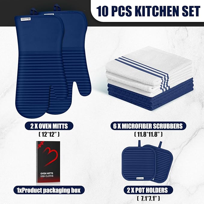 Oven Mitts and Pot Holder Sets with Silicone Grip, 500°F Heat Resistant-6 Pack Dishcloth/Dish Towels for Kitchen 100% Cotton-Value Kitchen Essentials for Cooking, Baking, Grilling-Marine Blue - Image 2