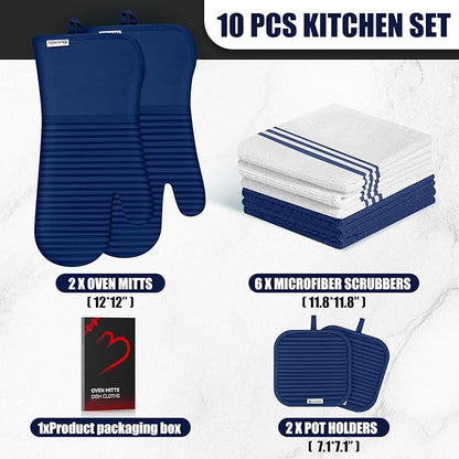 Oven Mitts and Pot Holder Sets with Silicone Grip, 500°F Heat Resistant-6 Pack Dishcloth/Dish Towels for Kitchen 100% Cotton-Value Kitchen Essentials for Cooking, Baking, Grilling-Marine Blue - Image 2