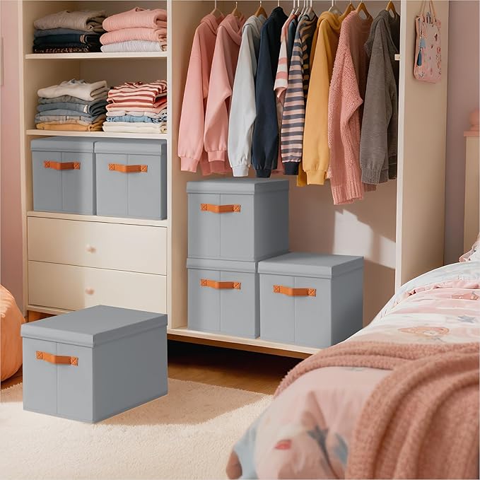Homsorout Storage Bins with Lids - Fabric Storage Baskets for Shelves, 8 Pack Foldable Decorative Boxes with Handles, Stackable Organizer Bins for Home, Nursery, Dorm, Grey