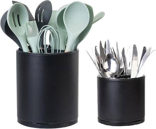LIBODOUR Kitchen Utensil Holder Extra Large Rotating For Counter Organizer Stainless Steel Storage Cooking Silverware Caddy 3 Compartment Flatware Spoon Spatula Tool Cutlery Container（2 Set Black） by ModernandFarmhouseUtensilHolder