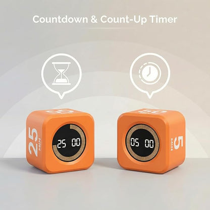 KADAMS Timer Pomodoro Visual - Productivity Pomodoro Cube, 5/10/25/50 Min Countdown & Countup, Silent – Ideal for Work Study Cook Workout Kitchen School Classroom Office ADHD Gift Kids (1, Orange)