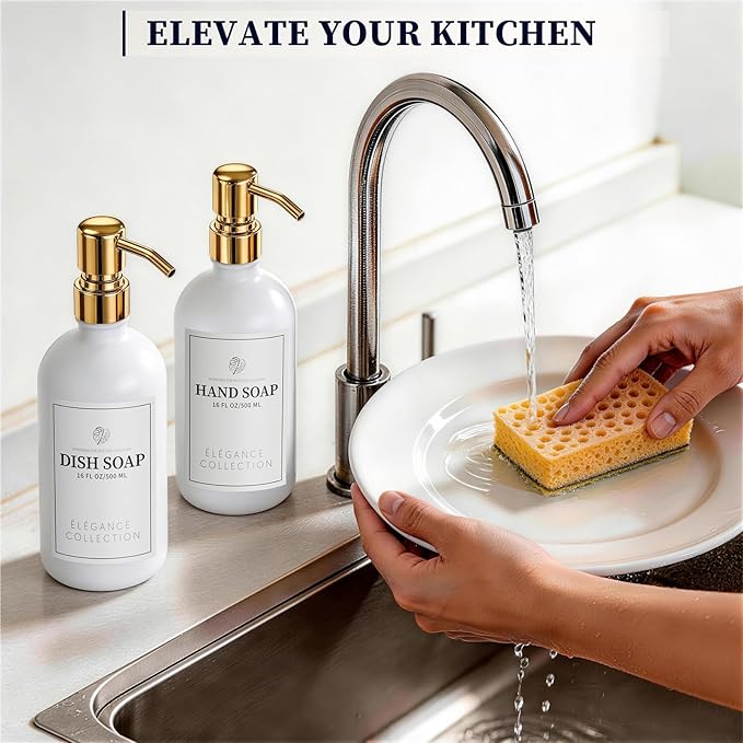 White Glass Soap Dispenser Set of 2, 16oz Hand and Dish Soap Dispenser for Kitchen & Bathroom, Gold Stainless Steel Pump, Non-Slip Base, 14 Waterproof Labels, Contemporary Style - Image 6