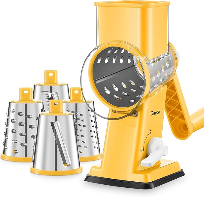 Geedel Rotary Cheese Grater - Upgraded Vegetable Shredder with 4 Interchangeable Blades, Easy to Clean Cheese Shredder with Handle, Kitchen Grater Nuts Grinder for Cutting Cheese, Vegetable, Nuts by Geedel
