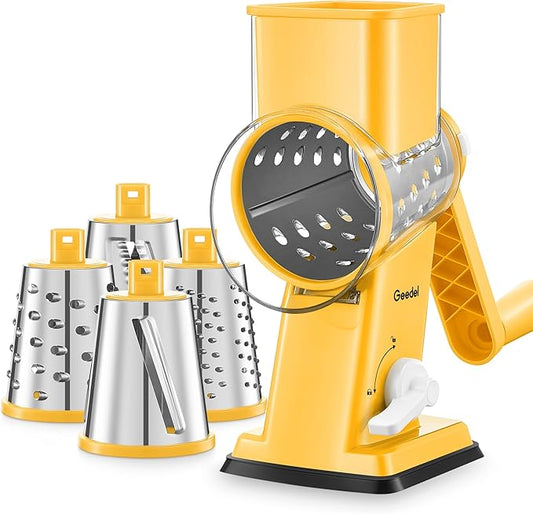 Geedel Rotary Cheese Grater - Upgraded Vegetable Shredder with 4 Interchangeable Blades, Easy to Clean Cheese Shredder with Handle, Kitchen Grater Nuts Grinder for Cutting Cheese, Vegetable, Nuts by Geedel