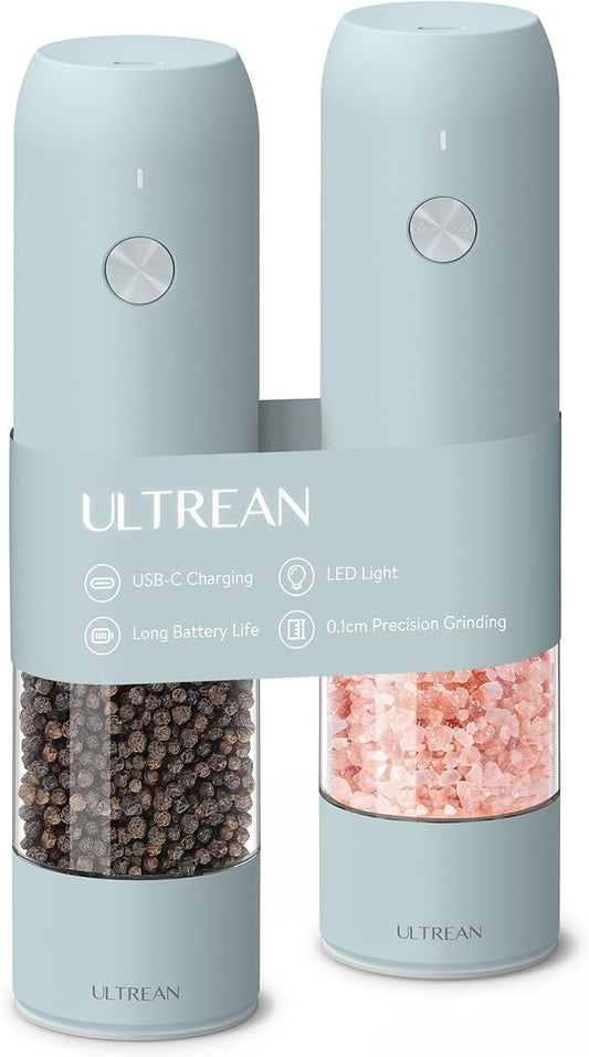 Ultrean Pepper Grinder, Rechargeable Salt and Pepper Grinder with 6 Adjustable Coarseness, LED Light, One-Hand Automatic Operation, Gifts for Women, Blue by Ultrean
