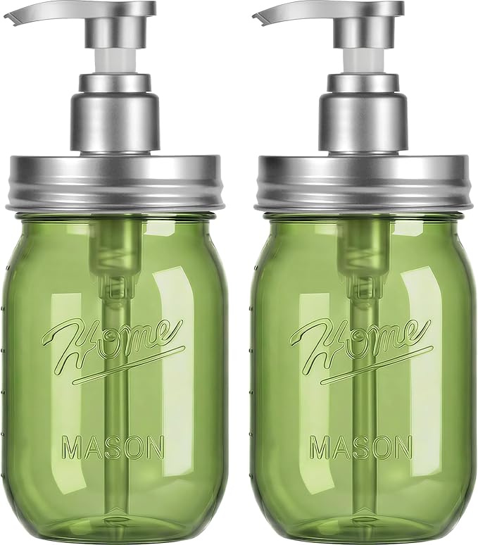 Amolliar Plastic Mason Jar Soap Dispenser with Pump Lid,16OZ Refillable BPA-Free Hand Soap Dispenser Set with Cute Lables, Farmhouse Decor for Kitchen/Bathroom, Liquid Dish Soap, Lotion(2 Pack, Green) by Amolliar