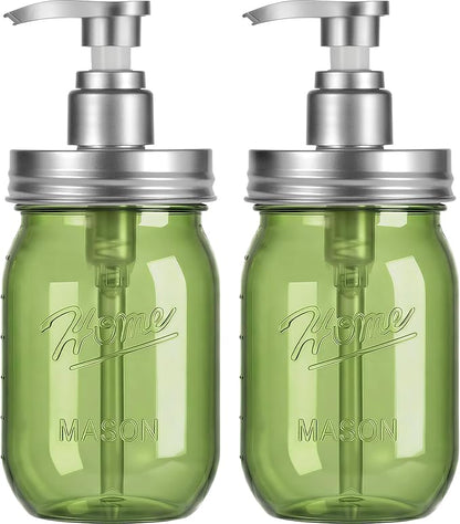 Amolliar Plastic Mason Jar Soap Dispenser with Pump Lid,16OZ Refillable BPA-Free Hand Soap Dispenser Set with Cute Lables, Farmhouse Decor for Kitchen/Bathroom, Liquid Dish Soap, Lotion(2 Pack, Green) by Amolliar