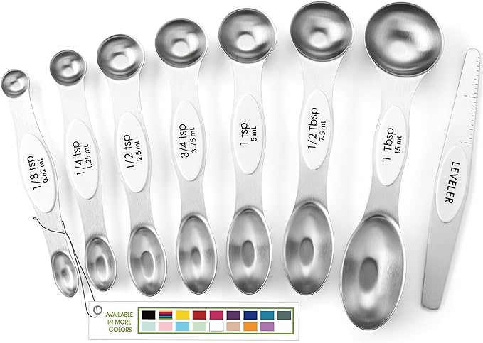 Spring Chef White Stainless Steel Magnetic Measuring Spoons Set of 8 with Leveler, Dual Sided Metal Teaspoon & Tablespoon Measuring Spoons, Fits in Spice Jars, Kitchen Gadgets for Baking & Cooking by SpringChef
