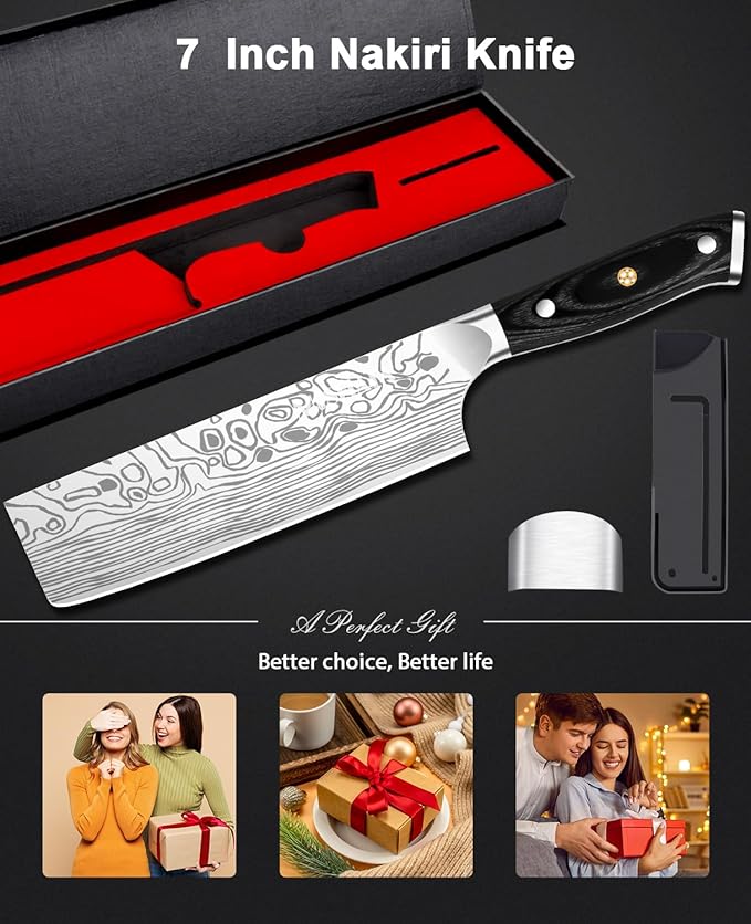 MOSFiATA 7” Nakiri Chef's Knife with Finger Guard, German High Carbon Stainless Steel EN1.4116 Vegetable Knife, Multipurpose Kitchen Knife with Micarta Handle in Gift Box - Image 5