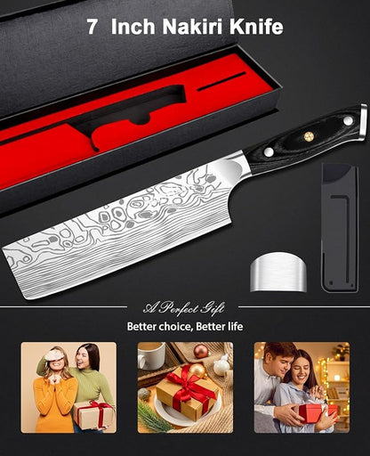 MOSFiATA 7” Nakiri Chef's Knife with Finger Guard, German High Carbon Stainless Steel EN1.4116 Vegetable Knife, Multipurpose Kitchen Knife with Micarta Handle in Gift Box - Image 5
