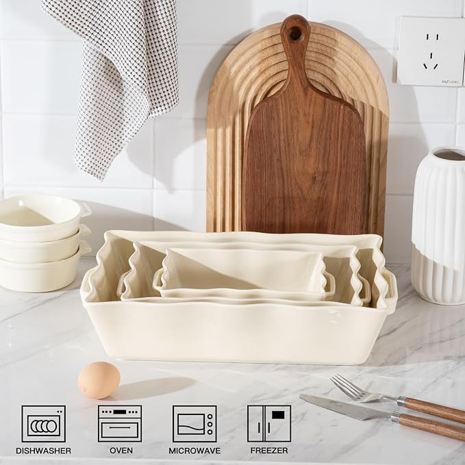 Sweejar Casserole Dishes for Oven, Ceramic Bakeware Set of 3, Rectangular Baking dish with Handles, Wave Edge Lasagna Pan Deep for Cooking, Cake, Dinner, Banquet and Daily Use (Beige) - Image 3