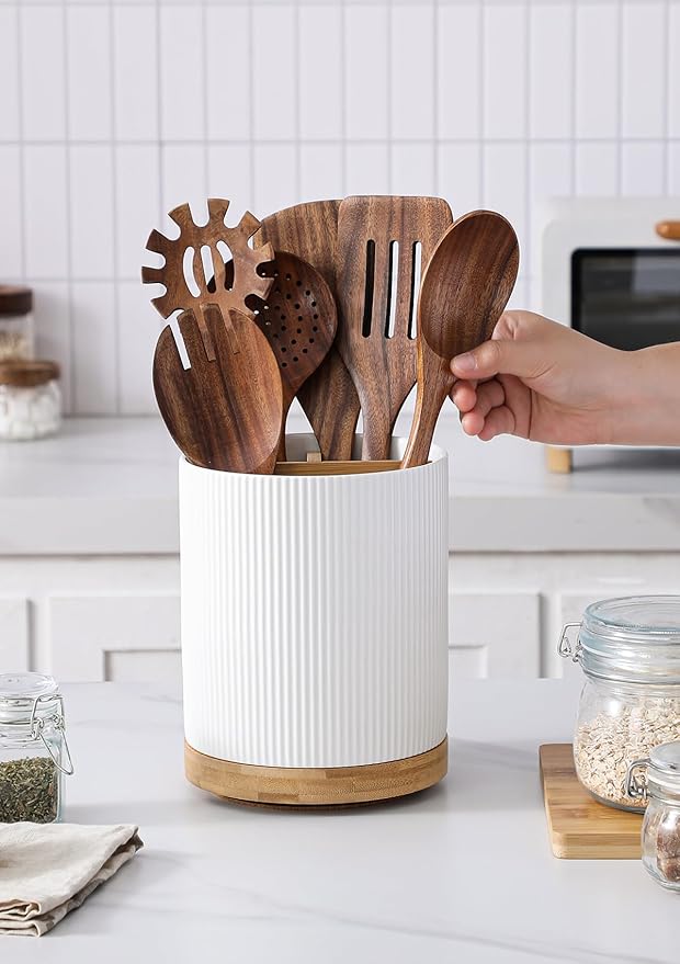 LoeJan 7.5" Utensil Holder, 3 Compartment Ceramic Kitchen Utensil Holder with Cork Bottom, Large Utensil Crock for Countertop, Cooking Tool Organizer Set for Kitchen Counter(White,Vertical Stripe) - Image 4