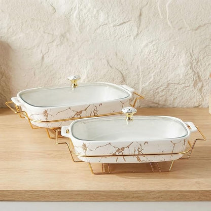 13" x 9" Ceramic Casserole Dish with Glass Lid and rack, 2.2 Quart Serving Soup Tureen,Chafing Dish for Buffet, Family Food preserve Tray, Catering Casserole for Party Style